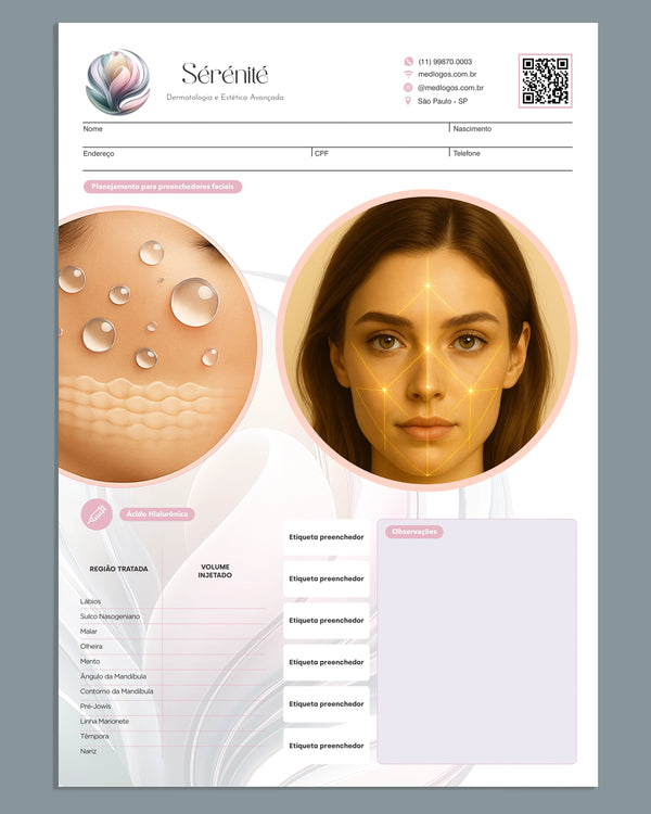 Plano de procedimento com ficha clínica de preenchedores faciais ácido hialurônico. Impressão Premium.
