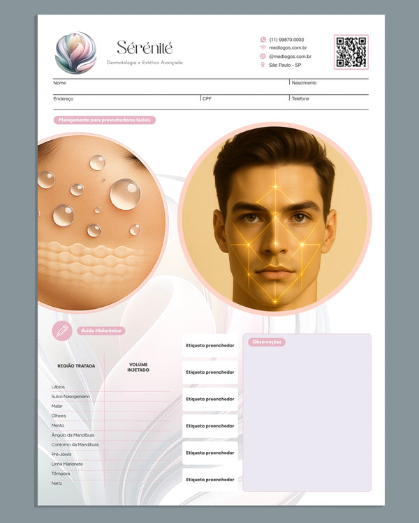 Ficha clínica completa para preenchedores faciais com ácido hialurônico e full face.