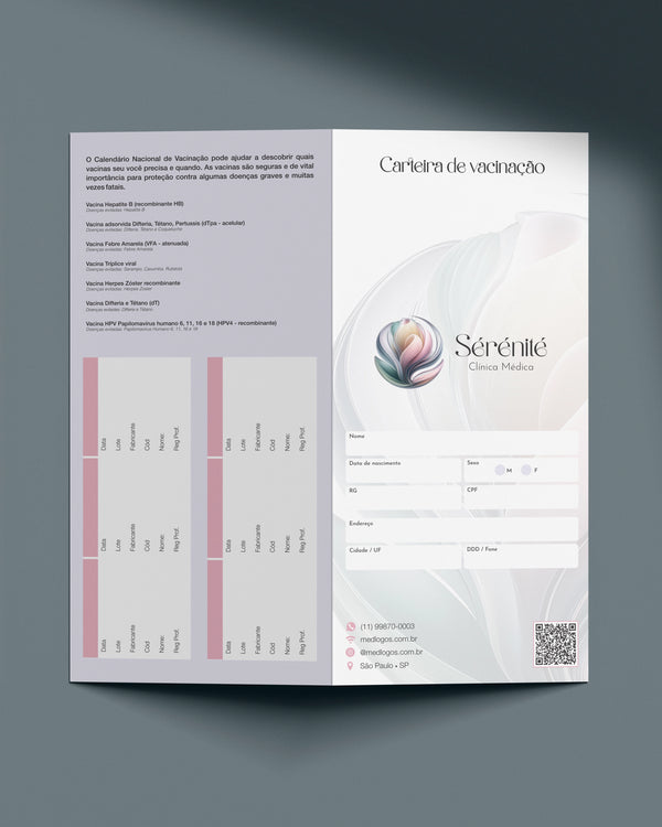 Cartão de vacina adulto personalizado para clínicas e consultórios médicos de imunização. Impressos de papelaria médica especializada.