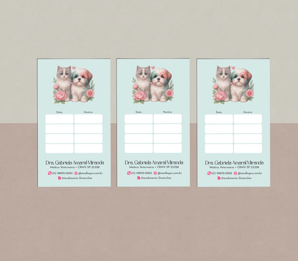 Cartão de próxima consulta pet 9x5cm impresso em MedFiber® 240g, acabamento fosco e design funcional para agendamentos.