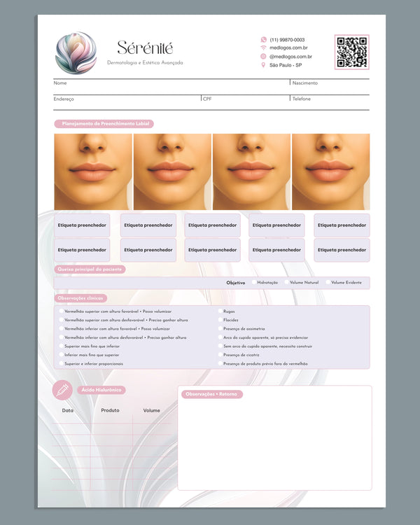 Ficha clínica com formulário de preenchimento labial