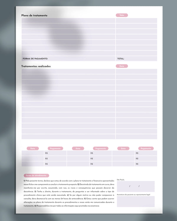 Formulário clinico com anamnese de procedimentos de estética avançada corporal.
