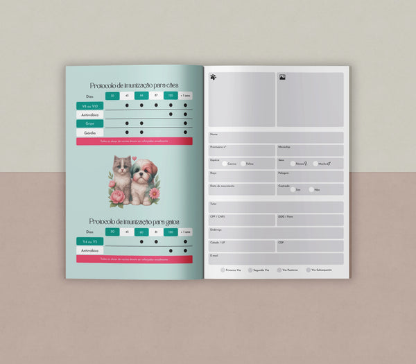 Cartão de vacina pet premium com capa laminada fosca, 45 espaços para vacinas e acabamento gráfico de alto padrão.