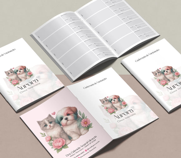 Cartão de vacina pet premium com capa laminada fosca, 45 espaços para vacinas e acabamento gráfico de alto padrão.