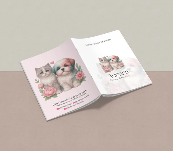 Cartão de vacina pet premium com capa laminada fosca, 45 espaços para vacinas e acabamento gráfico de alto padrão.