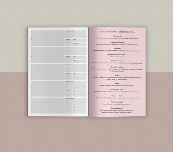 Caderneta de vacinação PetBook Lite com 12 páginas em papel offset 120g, estrutura leve e ideal para clínicas e consultórios veterinários.