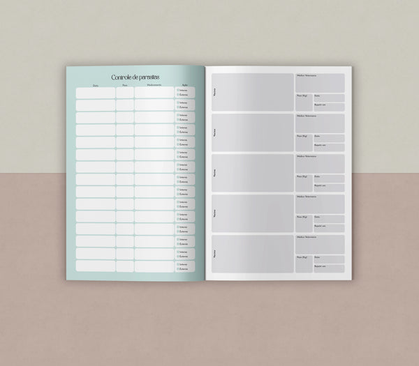 Caderneta de vacinação PetBook Lite com 12 páginas em papel offset 120g, estrutura leve e ideal para clínicas e consultórios veterinários.