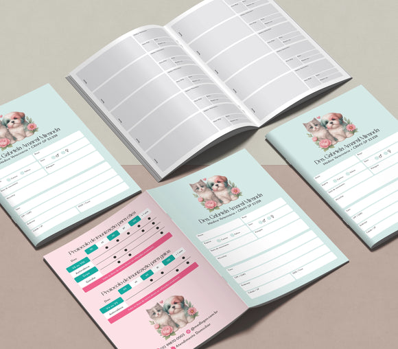 Caderneta de vacinação PetBook Lite com 12 páginas em papel offset 120g, estrutura leve e ideal para clínicas e consultórios veterinários.