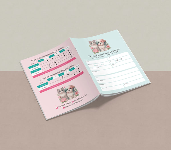 Caderneta de vacinação PetBook Lite com 12 páginas em papel offset 120g, estrutura leve e ideal para clínicas e consultórios veterinários.