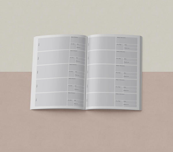 Caderneta de vacinação PetBook Lite com 12 páginas em papel offset 120g, estrutura leve e ideal para clínicas e consultórios veterinários.