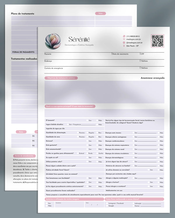 Anamnese e plano de tratamento dermatológico para estética avançada com procedimentos de toxina botulínica (botox) bioestimulador de colágeno e harmonização facial.