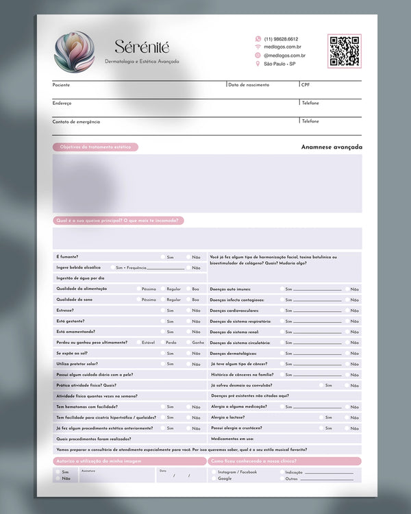 Ficha clínica de estética avançada para procedimentos faciais com anamnese, plano de tratamento, termo de consentimento e financeiro.
