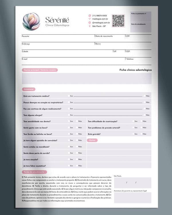 Anamnese odontológica • Ficha clínica com plano de tratamento, Impressão para dentistas