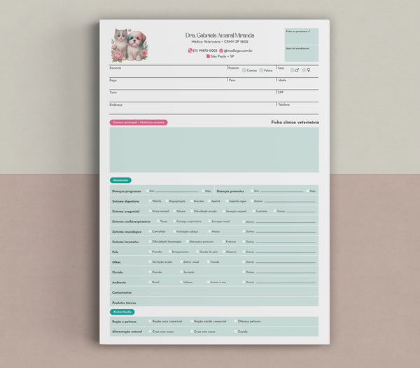 Ficha de anamnese veterinária completa para clínicas e consultórios, com layout profissional e campos detalhados para avaliação do pet