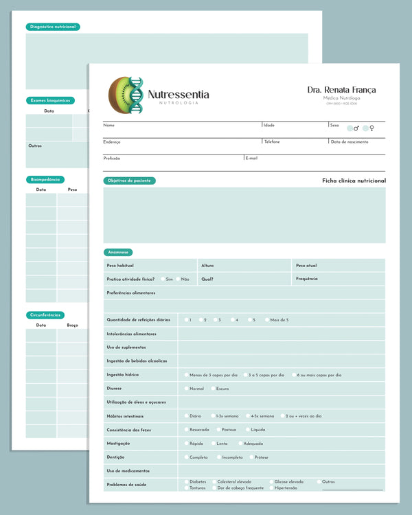 Ficha clínica de anamnese para nutrologia e nutricionistas com campos para avaliação nutricional, histórico e dados do paciente, impressa pela gráfica Med Logos.