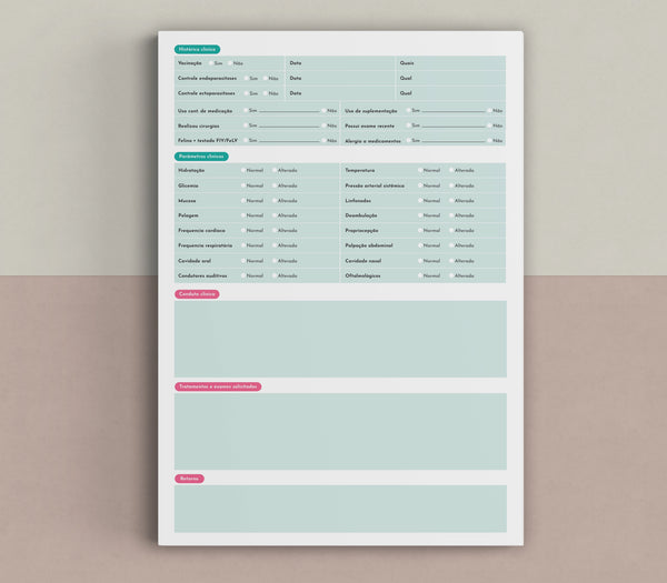Ficha de anamnese veterinária completa para clínicas e consultórios, com layout profissional e campos detalhados para avaliação do pet