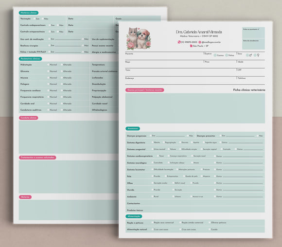 Ficha de anamnese veterinária completa para clínicas e consultórios, com layout profissional e campos detalhados para avaliação do pet