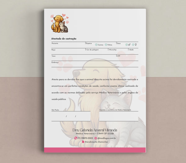 Atestado de castração animal personalizado para veterinários | Certificado de procedimento cirúrgico veterinário