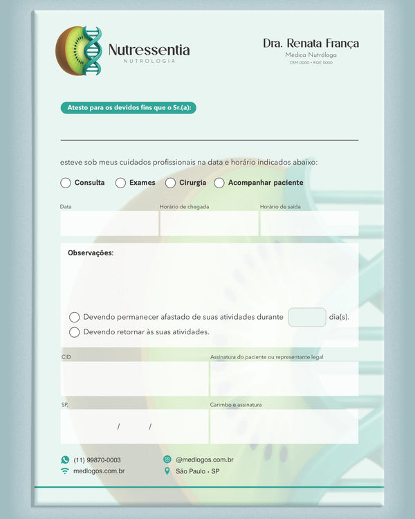 Atestado médico para nutrologia com campos para diagnóstico e orientações, impresso pela gráfica Med Logos.