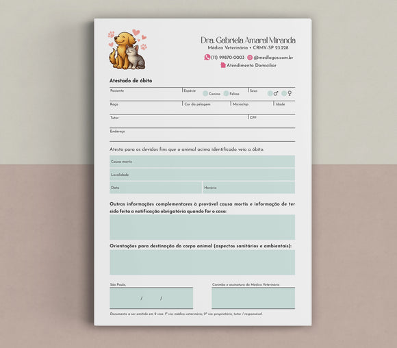 Atestado de óbito veterinário com campos para causa da morte, local e orientações, para uso em clínicas, impresso pela gráfica veterinária Med Logos.