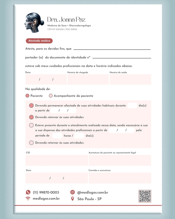 Atestado médico para otorrinolaringologia com campos para diagnóstico e orientações, impresso pela gráfica Med Logos