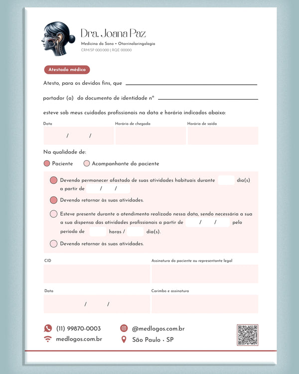 Atestado médico para otorrinolaringologia com campos para diagnóstico e orientações, impresso pela gráfica Med Logos