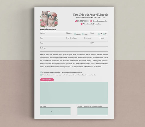 Atestado de saúde pet para viagens, impresso em papel offset A5, com campos padronizados para transporte de animais em território nacional.