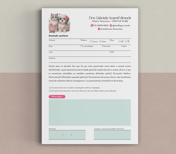 Atestado de saúde pet para viagens, impresso em papel offset A5, com campos padronizados para transporte de animais em território nacional.