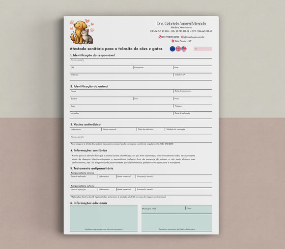 Atestado sanitário específico para trânsito de cães e gatos, com seções para vacinas, antiparasitários e informações de viagem, produzido pela gráfica veterinária Medl Logos. Para viagens internacionais. Emissão CZI e CVI.