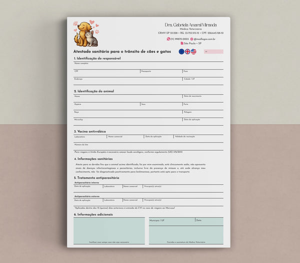Atestado sanitário específico para trânsito de cães e gatos, com seções para vacinas, antiparasitários e informações de viagem, produzido pela gráfica veterinária Medl Logos. Para viagens internacionais. Emissão CZI e CVI.