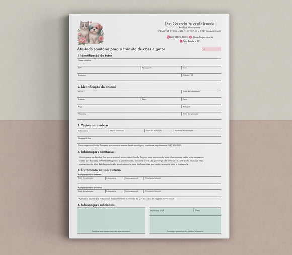 Atestado de saúde pet para viagens, impresso em papel offset A5, com campos padronizados para transporte de animais em território internacional e emissão de CZI e CVI
