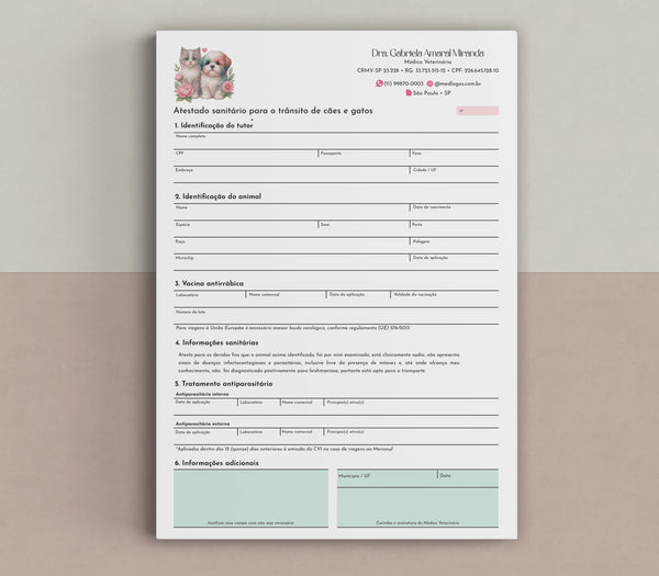 Atestado de saúde pet para viagens, impresso em papel offset A5, com campos padronizados para transporte de animais em território internacional e emissão de CZI e CVI