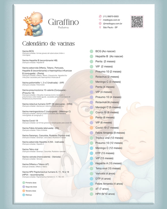 Calendário de vacinas para pediatria personalizado. Impressão premium.