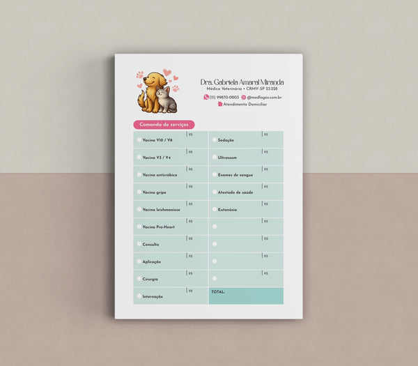 Comanda de serviços veterinários para controle de caixa interno | Formulário de registro financeiro para clínica veterinária - Med Logos | Exemplo de comanda preenchida com valores de procedimentos