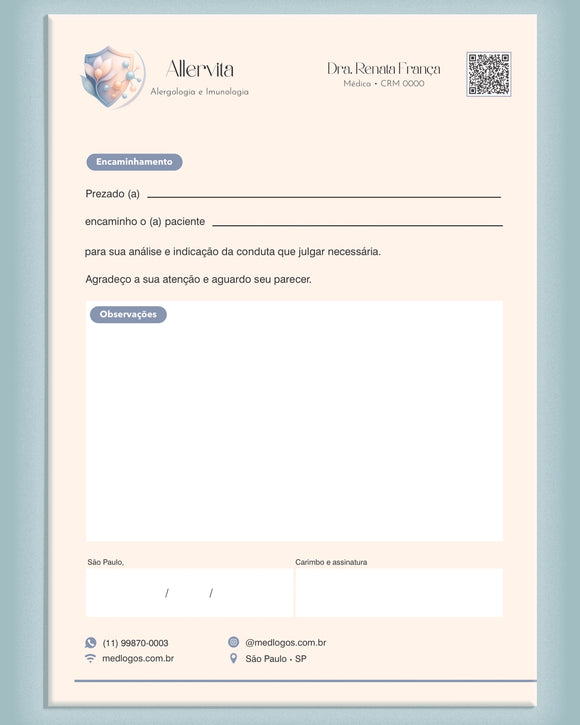 Carta de encaminhamento médico para alergologia e imunologia, impressão profissional