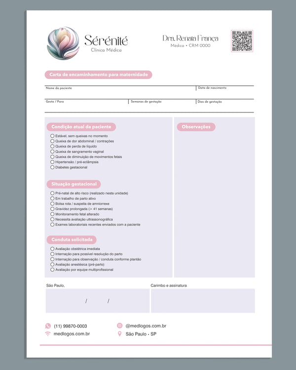 Carta de encaminhamento para maternidade. Design criado para médicos obstetras. Impressão premium.