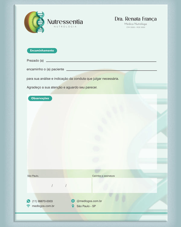 Carta de encaminhamento médico para nutrologia com campos para especialista e razões, impressa pela gráfica Med Logos.