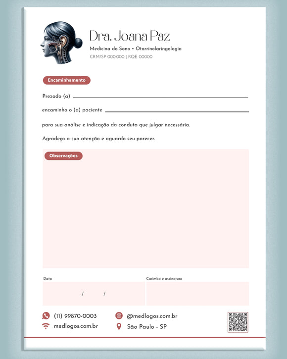 Carta de encaminhamento médico para otorrinolaringologia com campos para especialista e razões, impressa pela gráfica Med Logos.