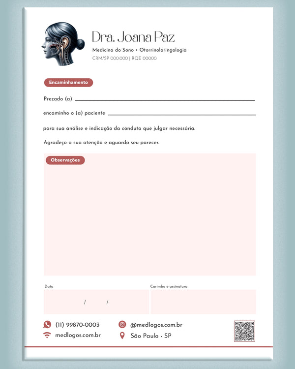 Carta de encaminhamento médico para otorrinolaringologia com campos para especialista e razões, impressa pela gráfica Med Logos.