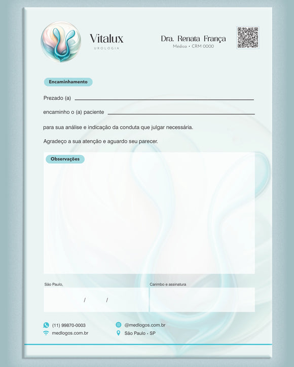 Carta de encaminhamento médico para urologia com campos para especialista e razões, impressa pela gráfica Med Logos.