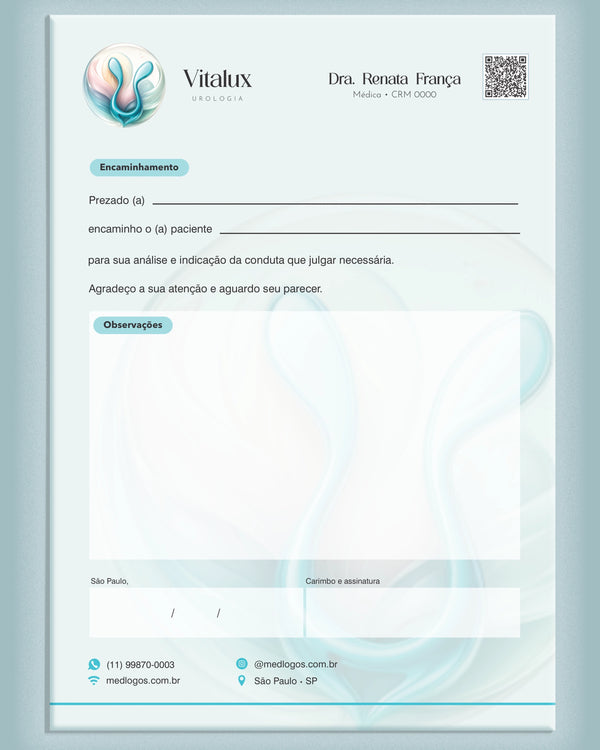 Carta de encaminhamento médico para urologia com campos para especialista e razões, impressa pela gráfica Med Logos.