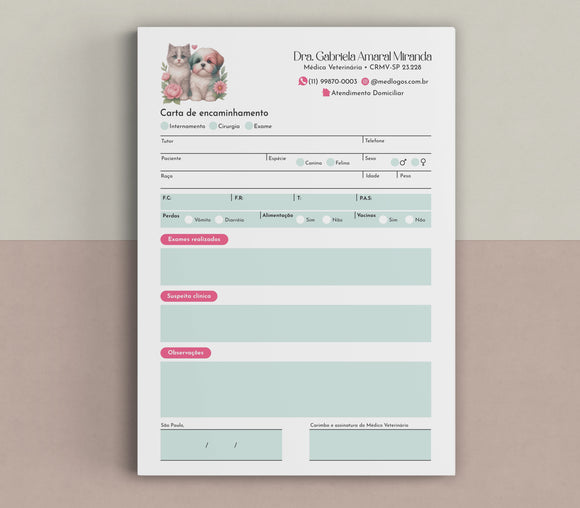 Carta de encaminhamento veterinário em papel offset blocos com 100 folhas, layout técnico e campos padronizados.