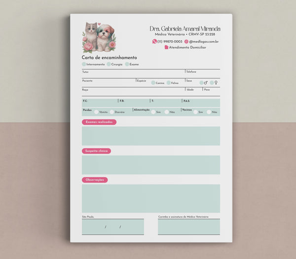 Carta de encaminhamento veterinário em papel offset blocos com 100 folhas, layout técnico e campos padronizados.