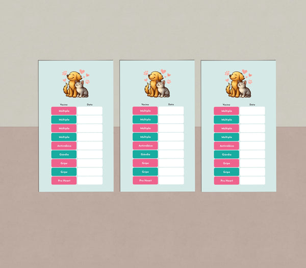 Cartão calendário de vacinação para cães e gatos | Controle de doses de vacina para donos de animais - modelo veterin