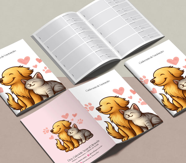 Cartão de vacinação pet personalizado para veterinários com papel resistente e acabamento profissional estilo passaporte
