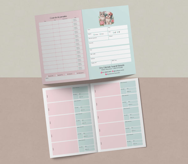 Cartão de vacinação veterinária Pocket com 10 espaços para vacinas, impresso em papel técnico MedFiber® 240g e layout personalizado para clínicas e hospitais.