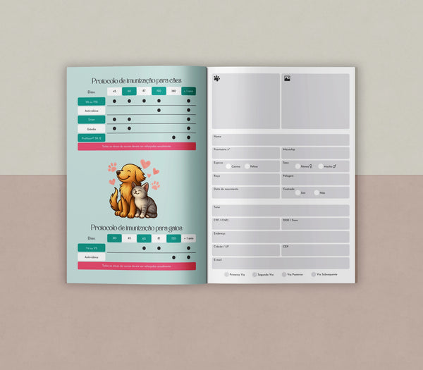 Cartão de vacinação pet personalizado para veterinários com papel resistente e acabamento profissional estilo passaporte