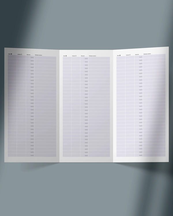 Carteira de acompanhamento de glicemia para diabete gestacional  com planilha de controle de HGT personalizado para ginecologia e obstetrícia com impressão gráfica.