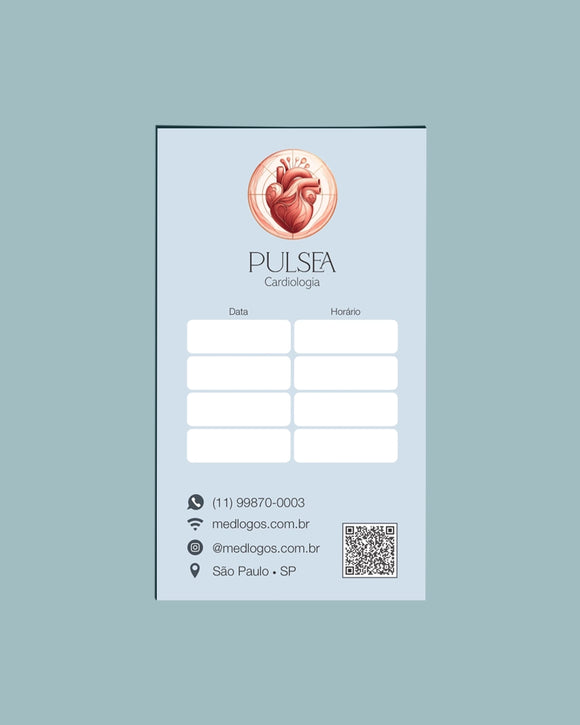 Cartão de próxima consulta para cardiologia, ideal para organização de retornos. Impressão premium.