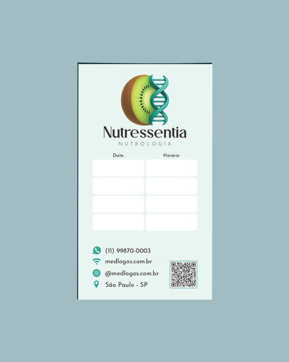 Cartão de retorno para consultas em nutrologia com campos para data e orientações, impresso pela gráfica médica Med Logos.